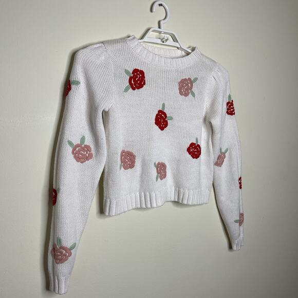Women's White Pink Rose Embroidered Rose Flowers Cropped Sweater Twee Cottage M - Picture 3 of 8